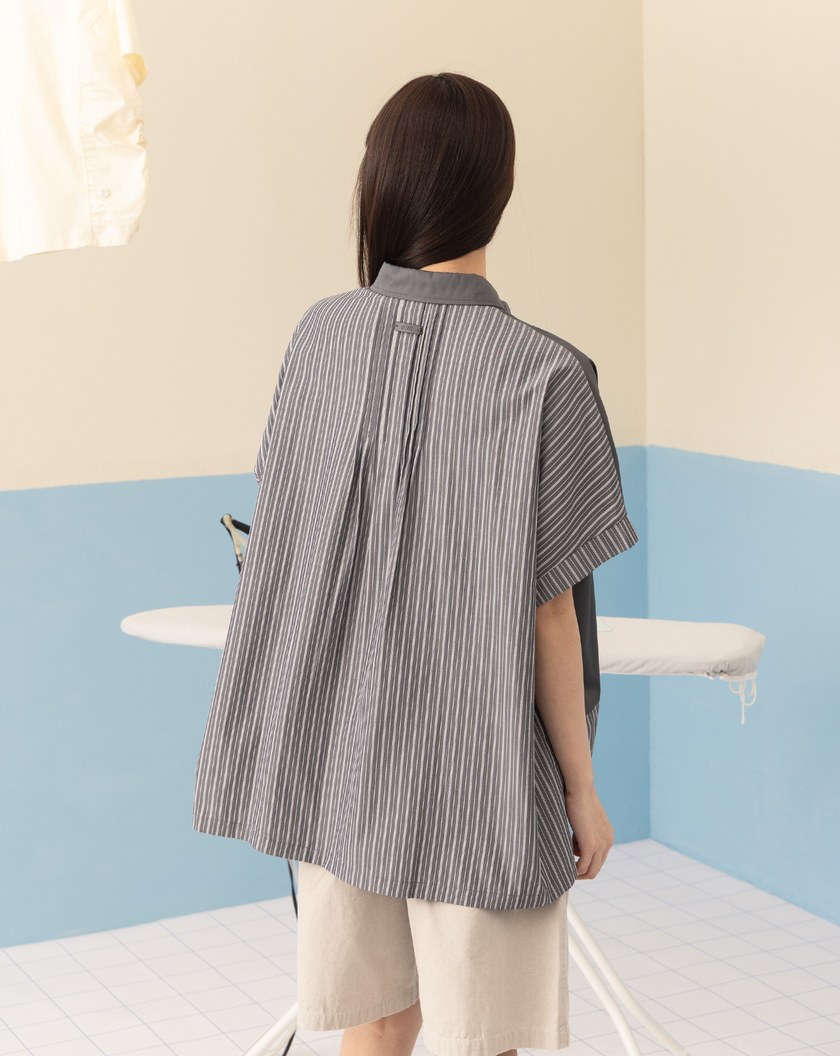 抗皺條紋拼接短袖襯衫(兩色)