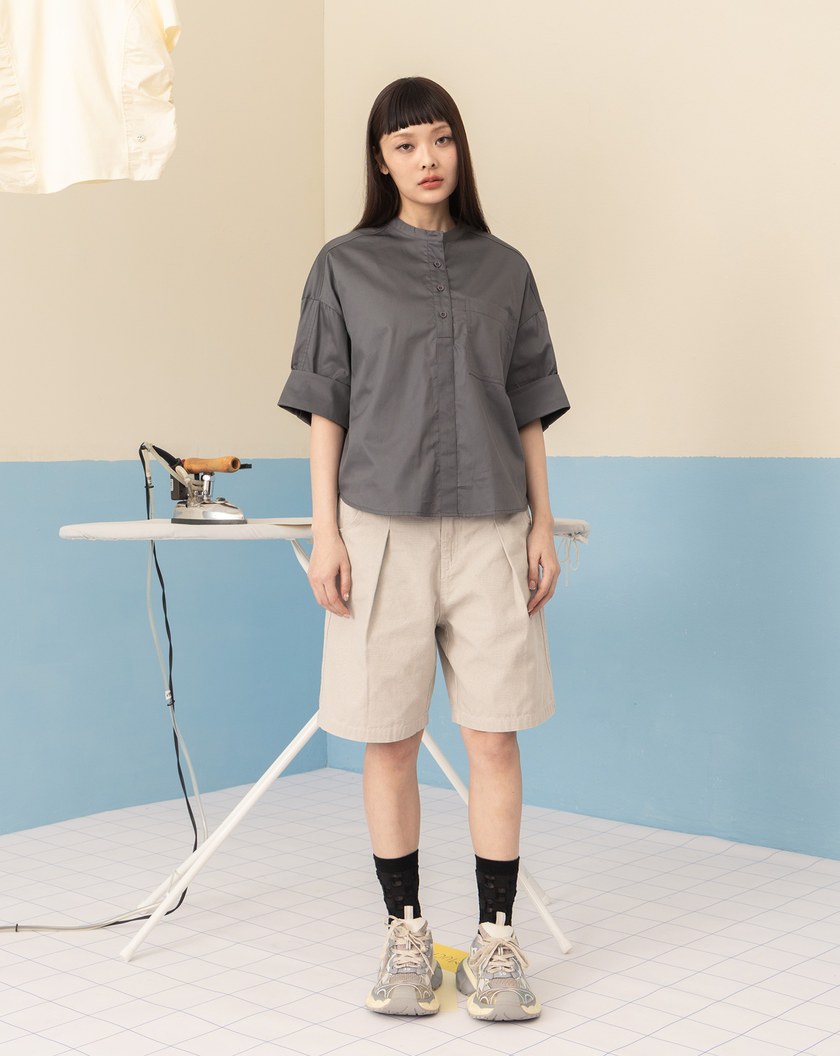 法式翻袖半開襟短袖襯衫(兩色)