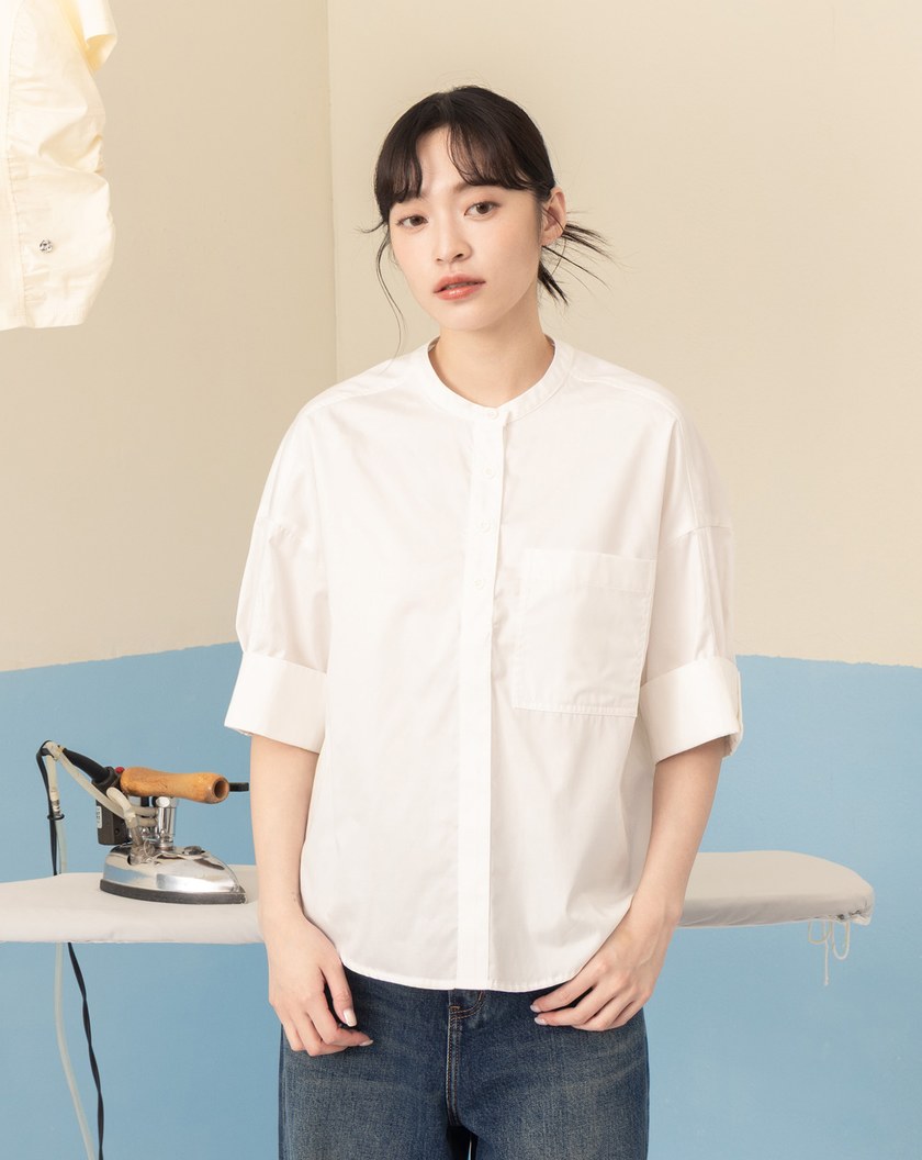 法式翻袖半開襟短袖襯衫(兩色)