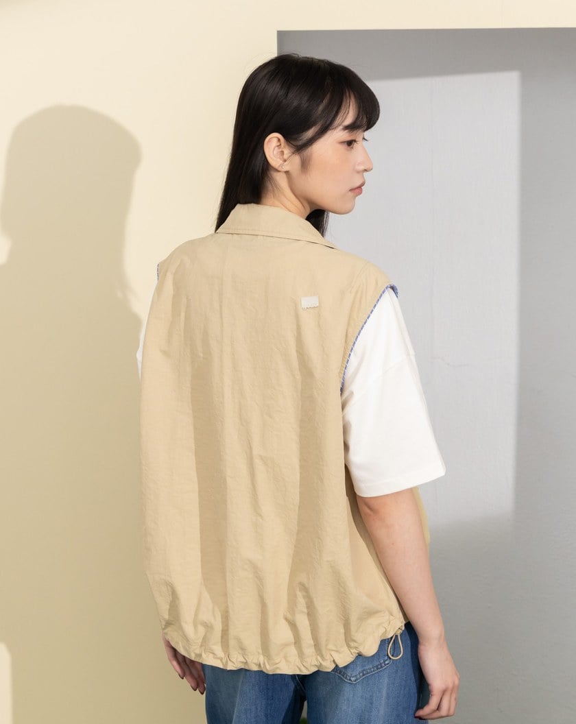 透氣防曬格紋滾邊下擺抽繩背心(兩色)