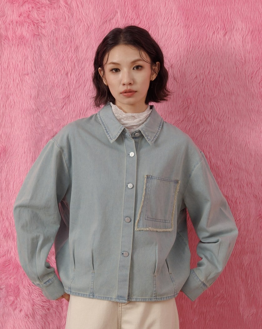 復古刷色抓褶造型牛仔襯衫(兩色)
