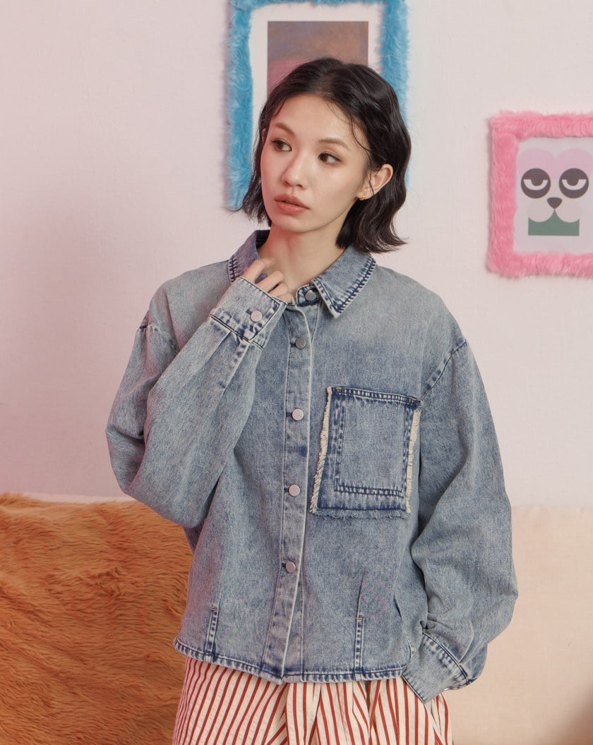 復古刷色抓褶造型牛仔襯衫(兩色)