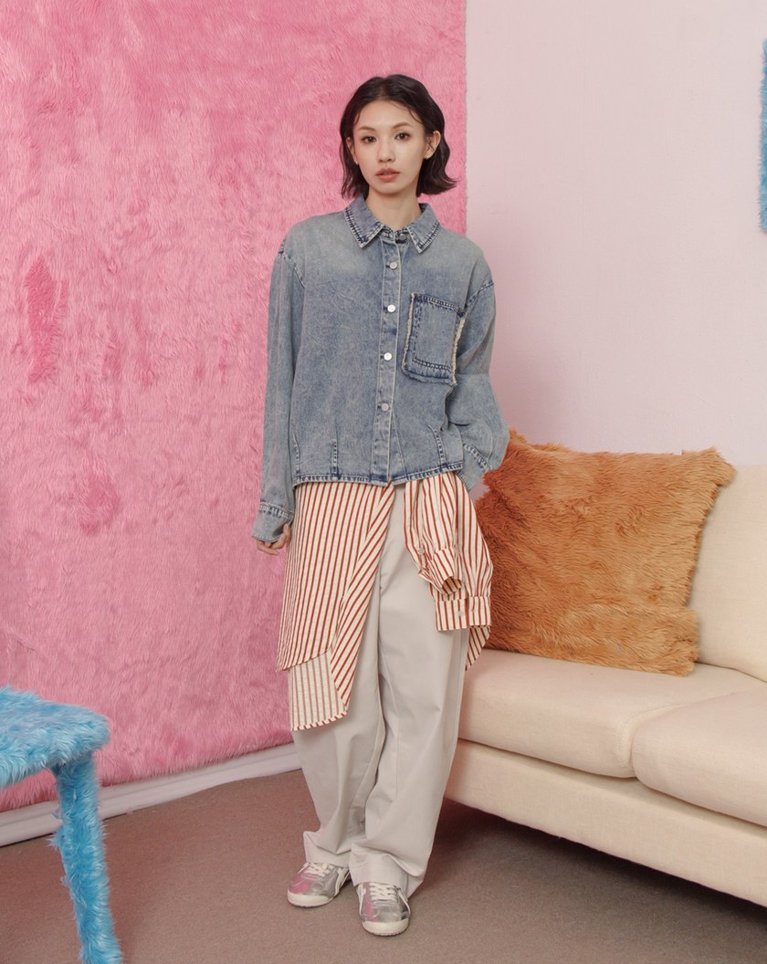 復古刷色抓褶造型牛仔襯衫(兩色)