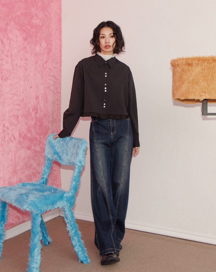 A｜啞光立體紋理荷葉邊短版襯衫外套(兩色)