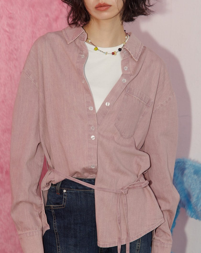 A｜彩色水洗牛仔開衩綁帶襯衫(兩色)