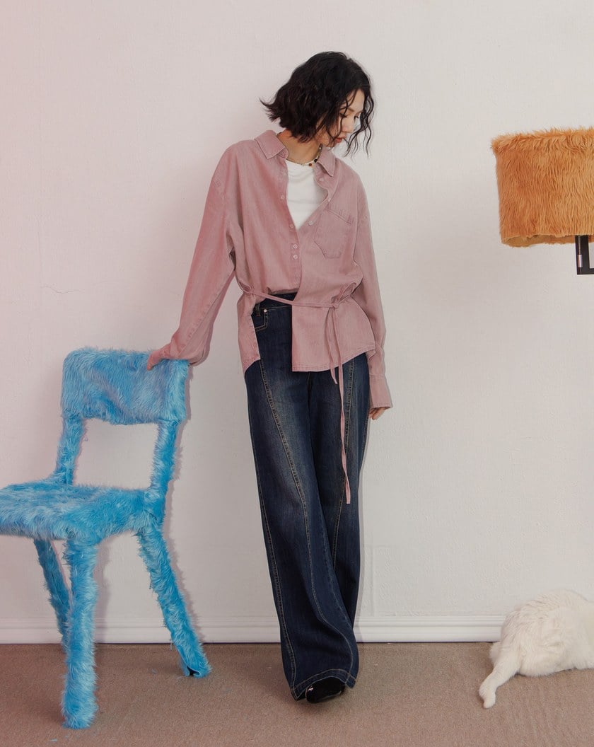 A｜彩色水洗牛仔開衩綁帶襯衫(兩色)