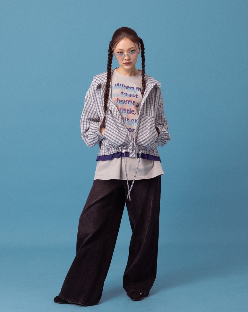 A｜抽皺荷葉邊格紋連帽外套(兩色)