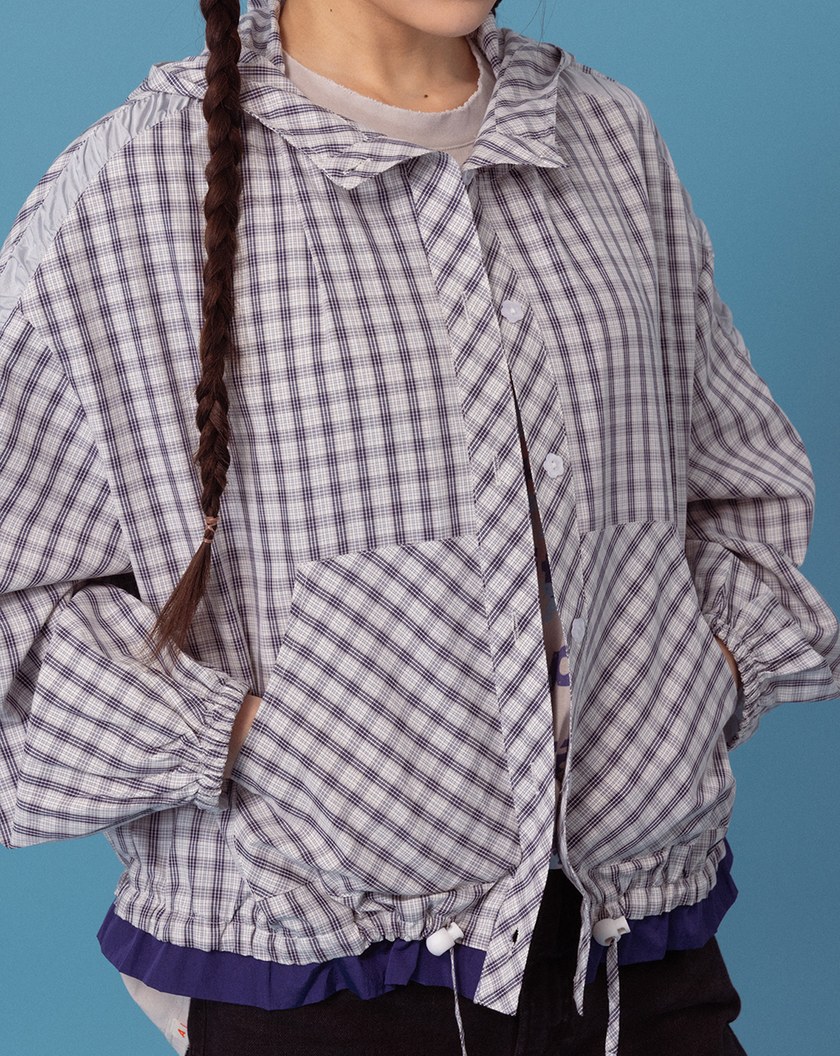 A｜抽皺荷葉邊格紋連帽外套(兩色)