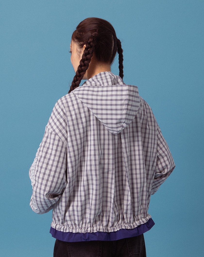 A｜抽皺荷葉邊格紋連帽外套(兩色)