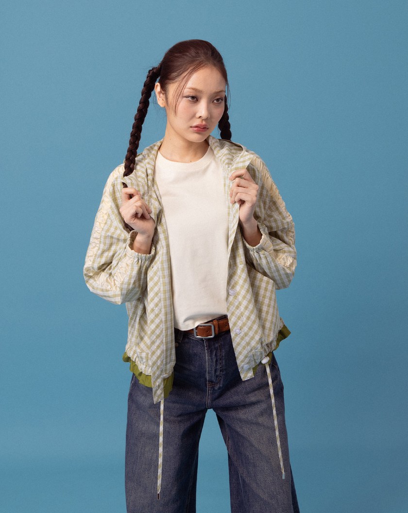 A｜抽皺荷葉邊格紋連帽外套(兩色)