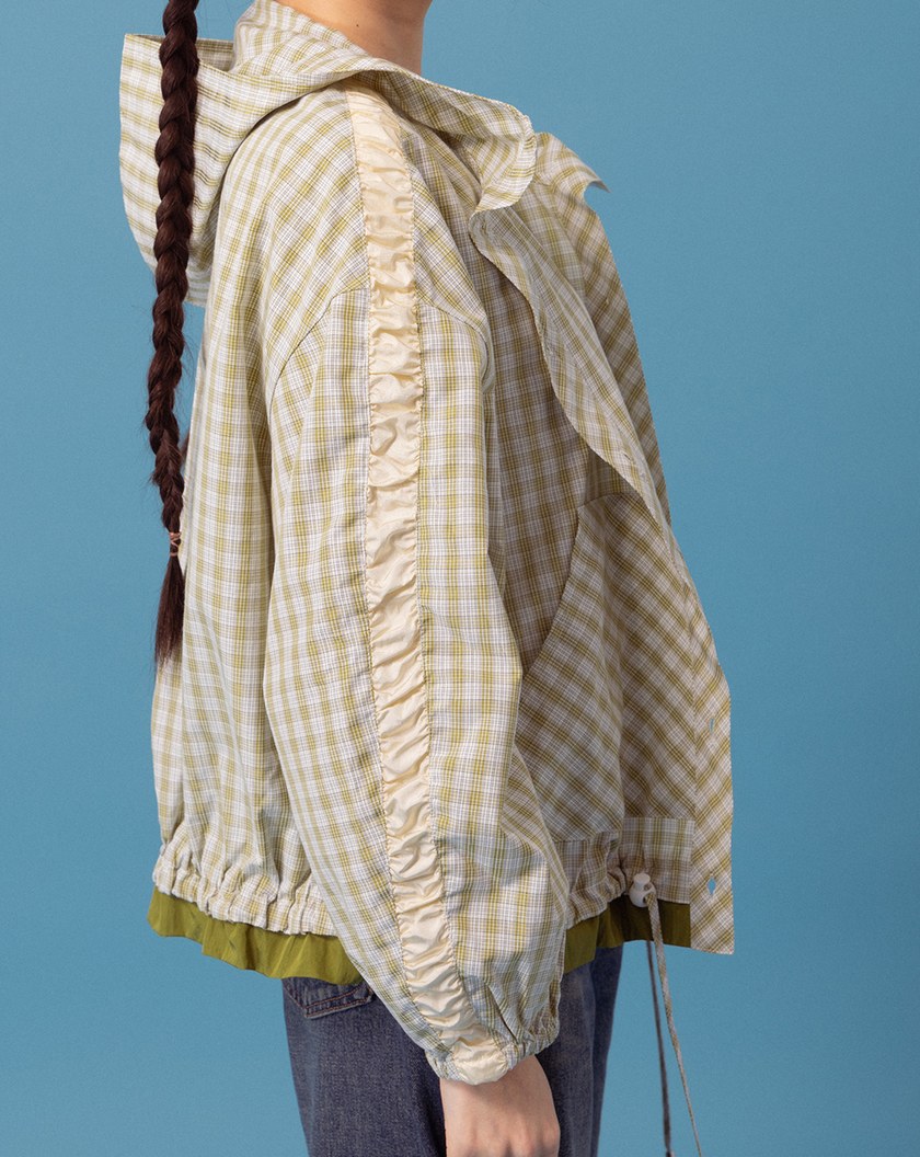 A｜抽皺荷葉邊格紋連帽外套(兩色)