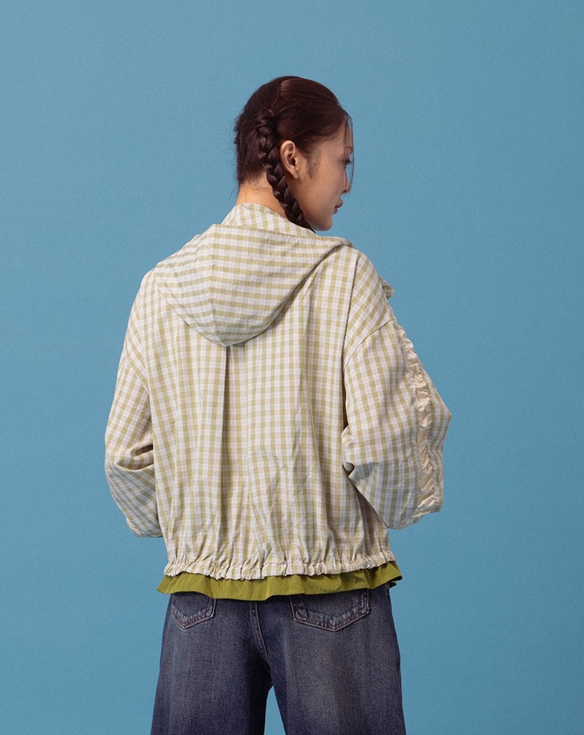 A｜抽皺荷葉邊格紋連帽外套(兩色)