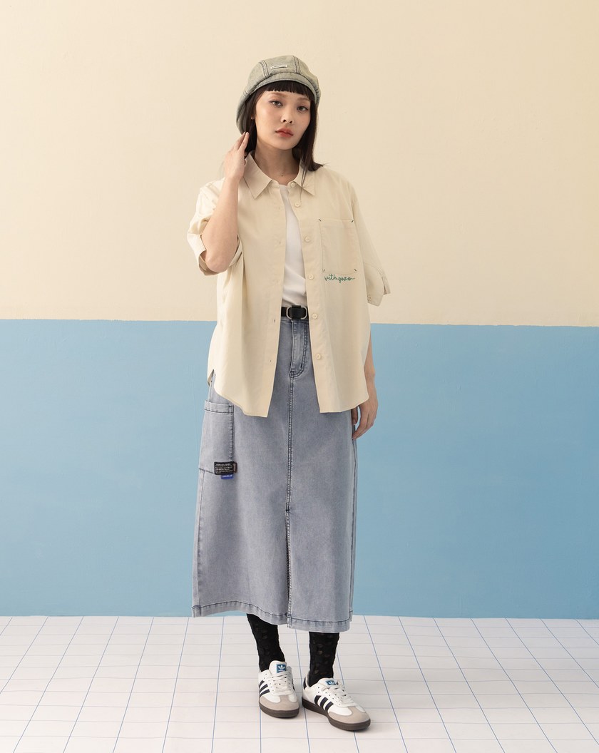 ➤涼感天絲刺繡抓褶短袖襯衫(兩色)