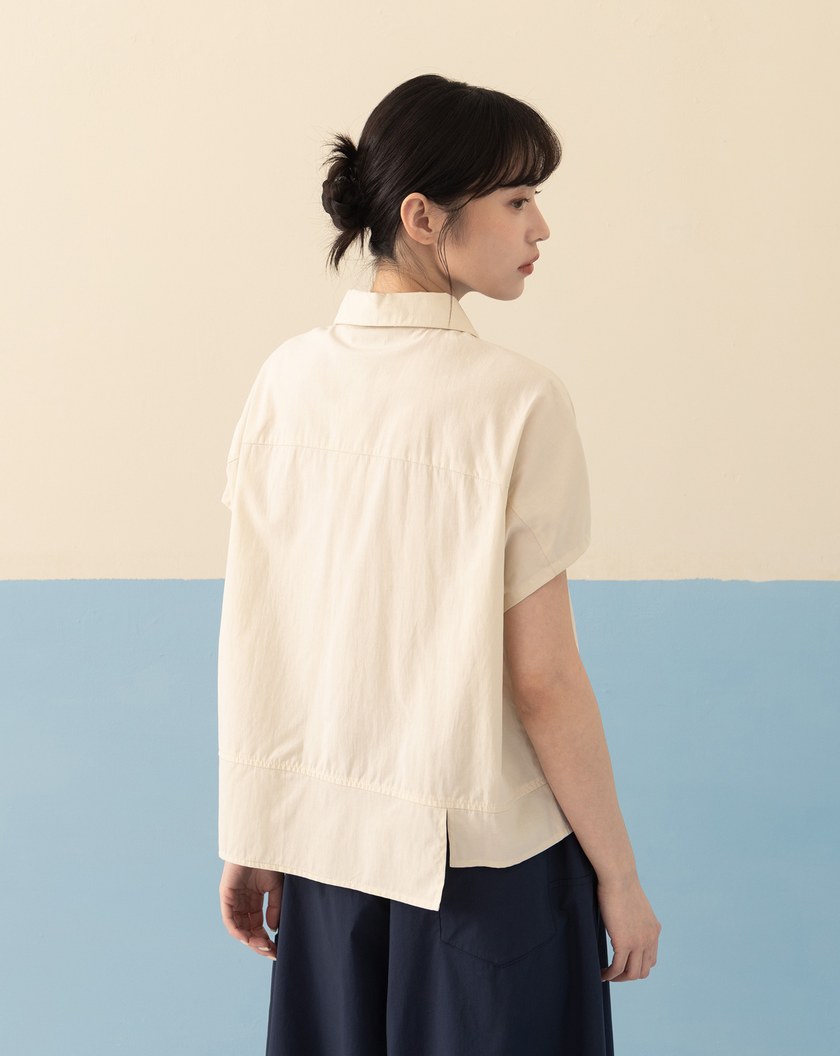 ➤涼感天絲不對稱剪接連袖襯衫(兩色)