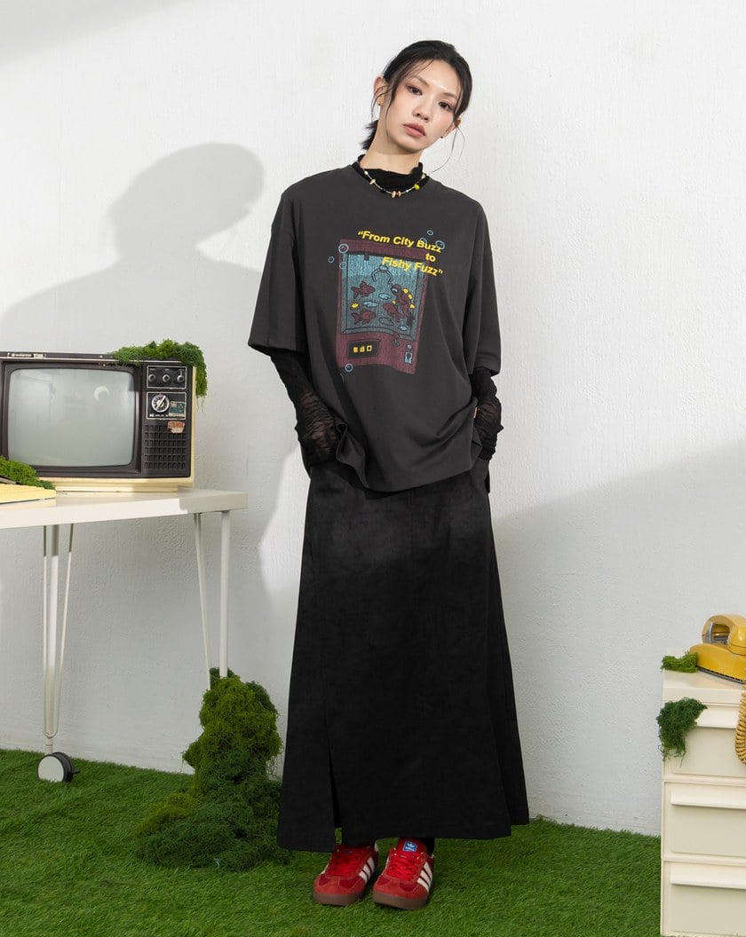 雲霧染開衩彈力微A字裙(兩色)