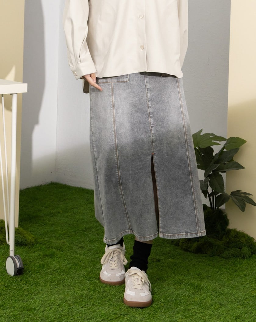 水洗灰前車線開衩牛仔裙