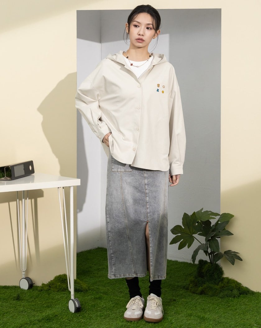 水洗灰前車線開衩牛仔裙