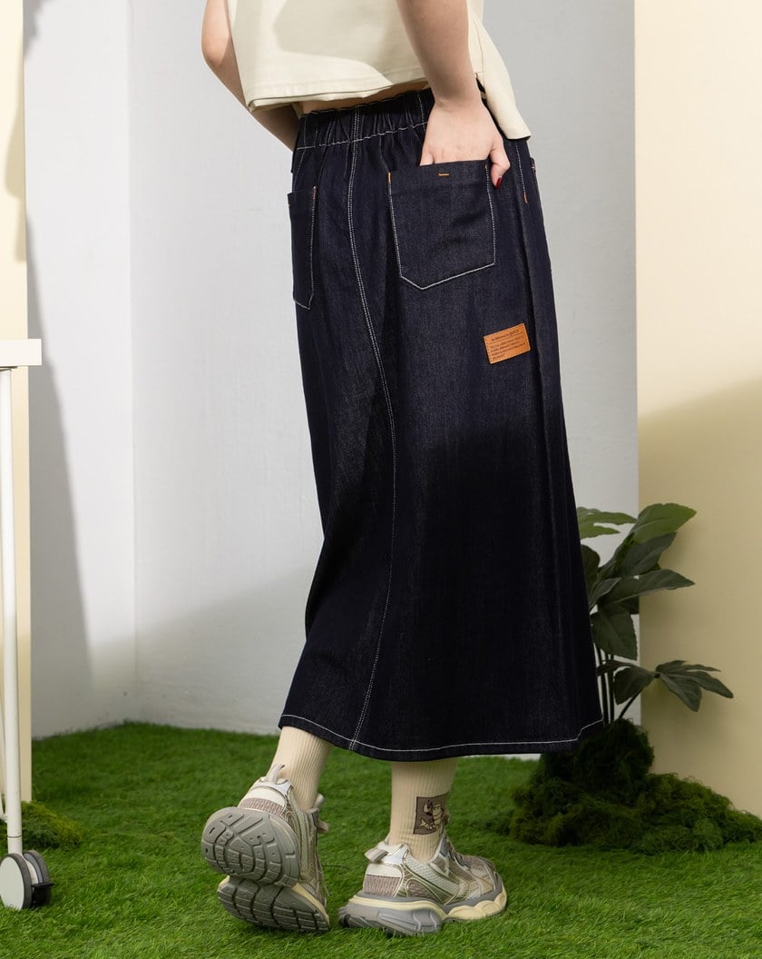 丹寧藍前車線開衩牛仔裙