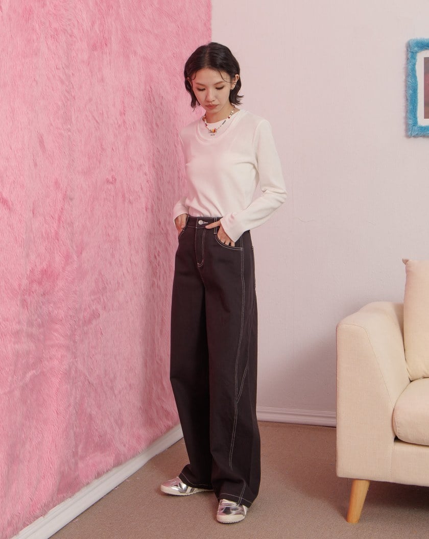 車線造型斜紋彎刀褲(兩色)