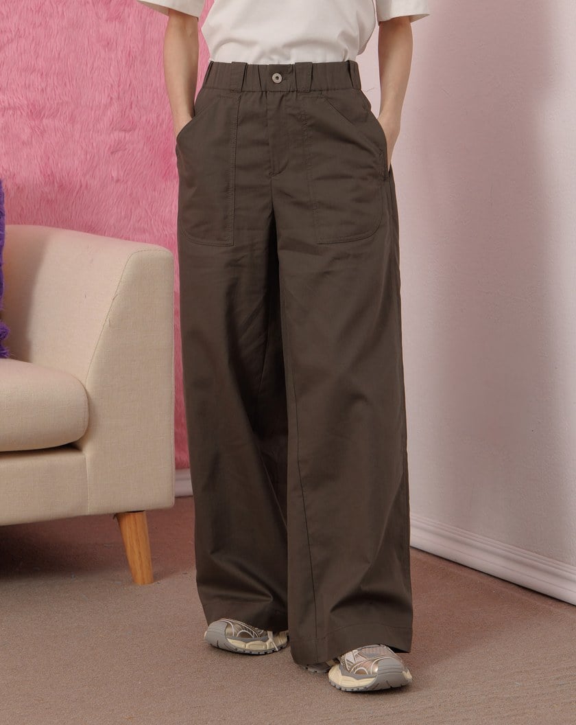 天絲多口袋鬆緊工裝寬褲(兩色)