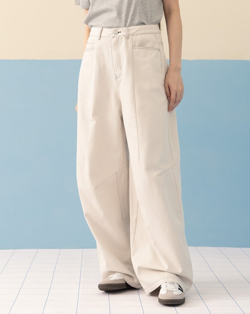 水洗配色壓線立體打褶直筒褲