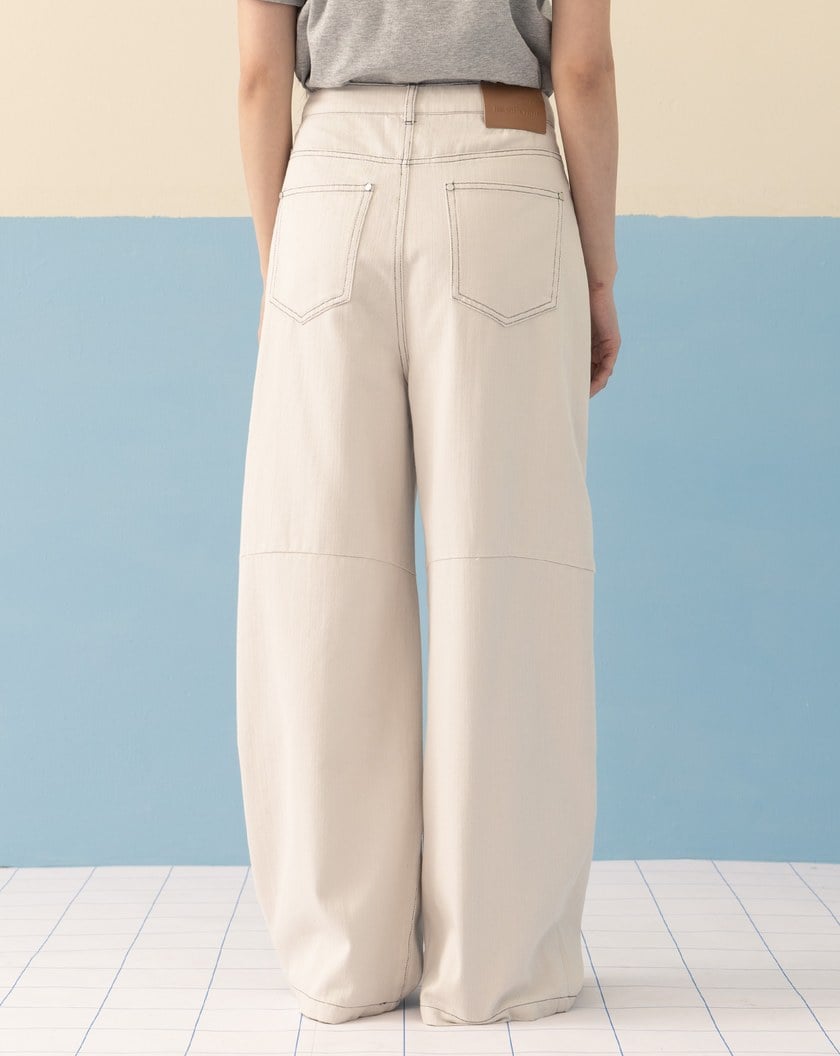 水洗配色壓線立體打褶直筒褲