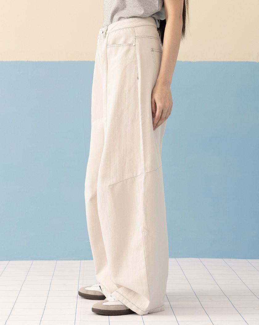 水洗配色壓線立體打褶直筒褲