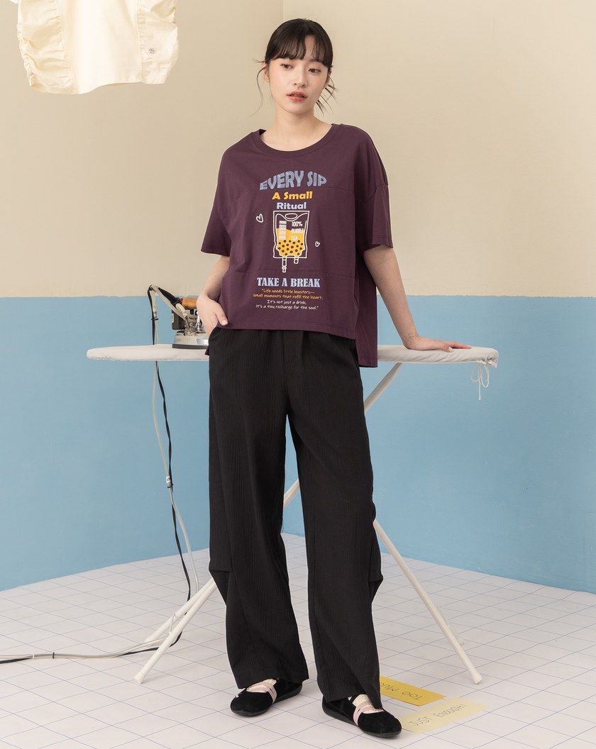 織紋立體打褶鬆緊長褲