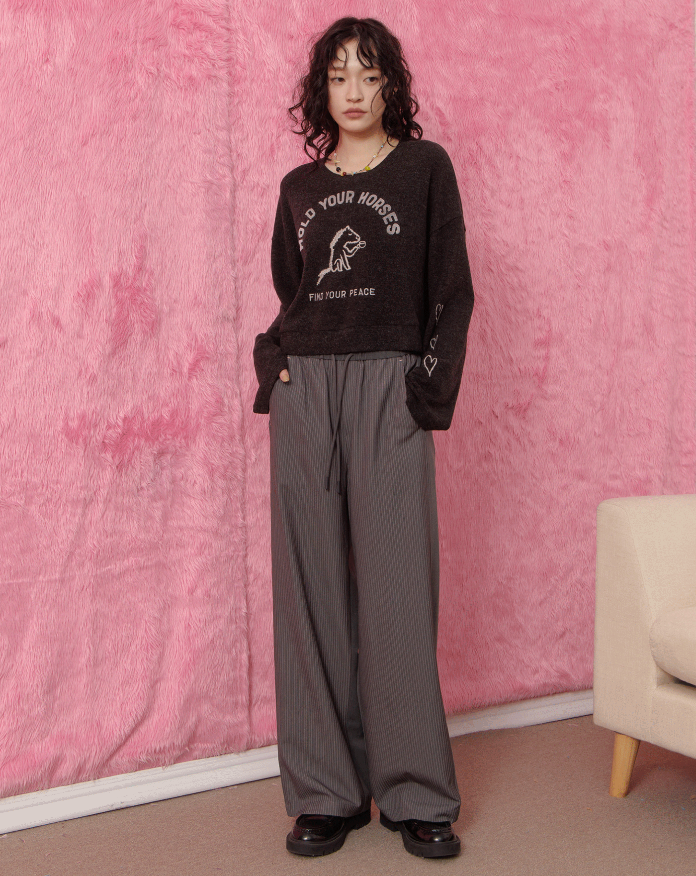 Q彈抗皺條紋休閒西裝寬褲(兩色)