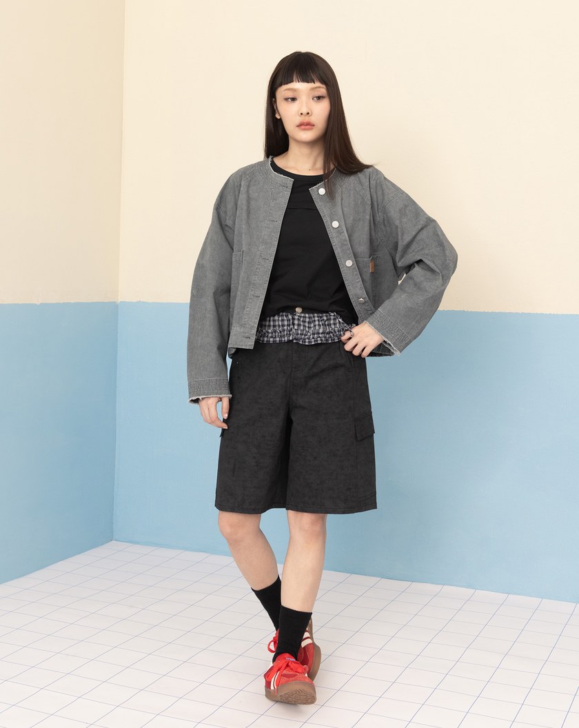 雲霧染工裝五分褲附裙簾(兩色)