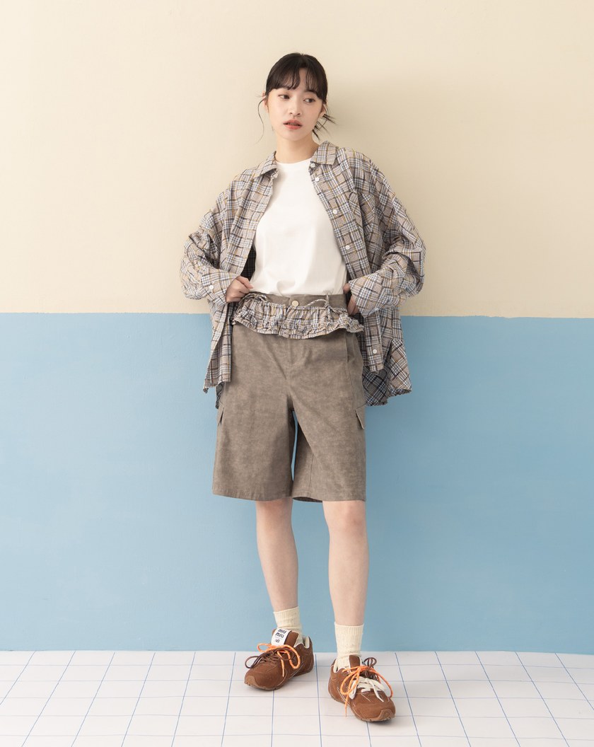 雲霧染工裝五分褲附裙簾(兩色)