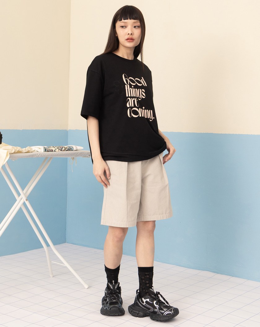 復古水洗後鬆緊打褶短褲(兩色)