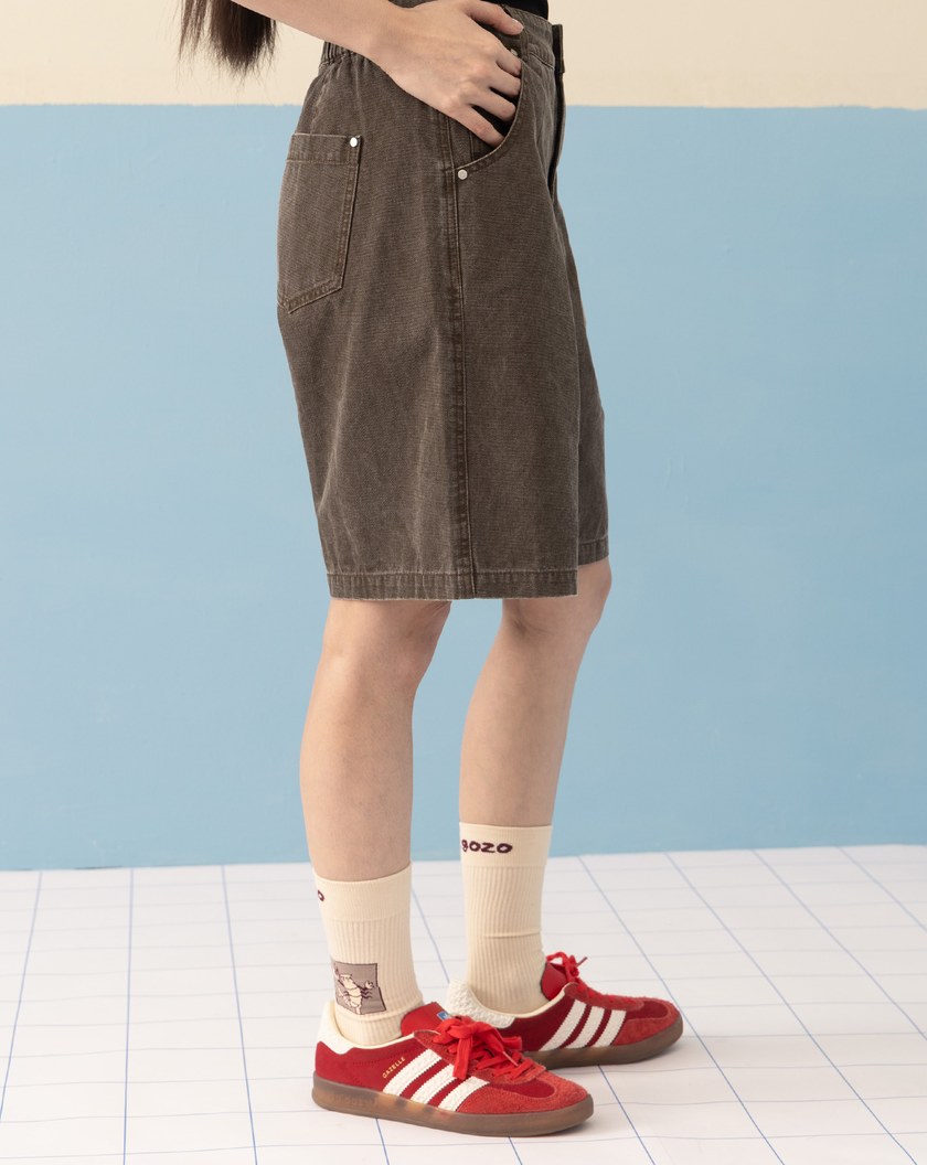 復古水洗後鬆緊打褶短褲(兩色)