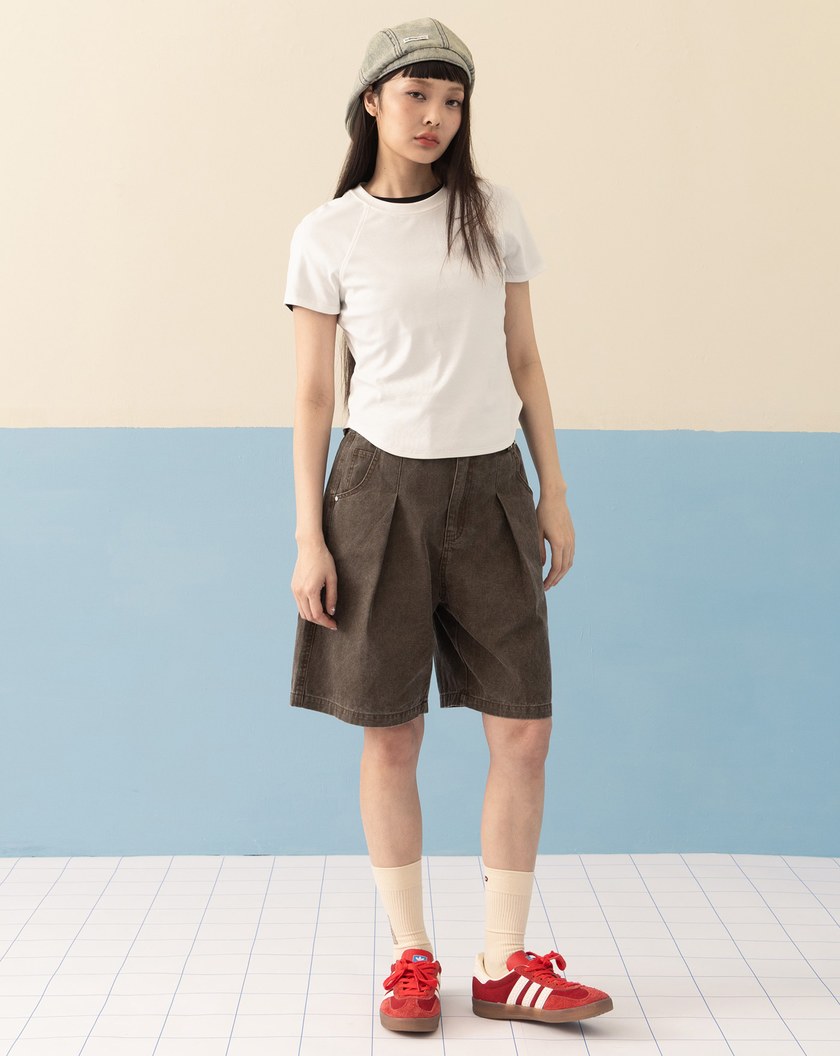 復古水洗後鬆緊打褶短褲(兩色)