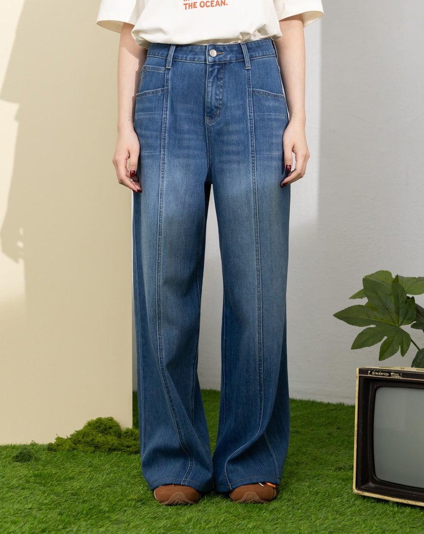 好比例四面彈顯瘦中線刷色牛仔直筒褲