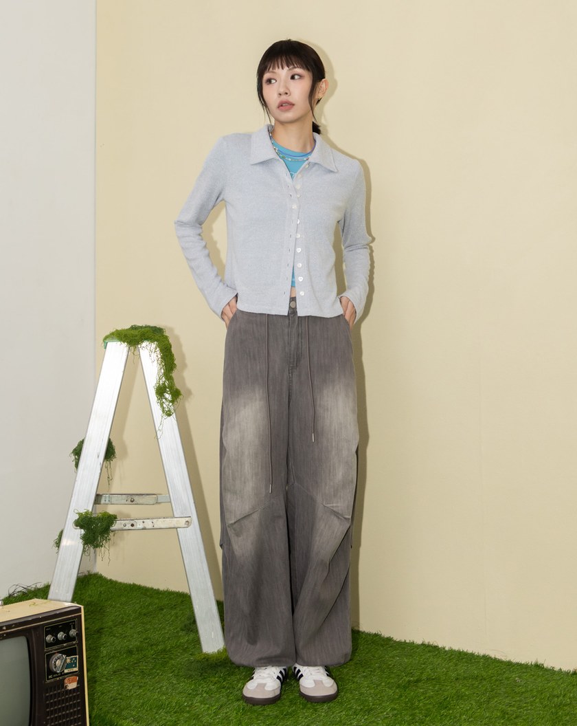 A｜立體打褶低腰水洗牛仔寬褲(兩色)