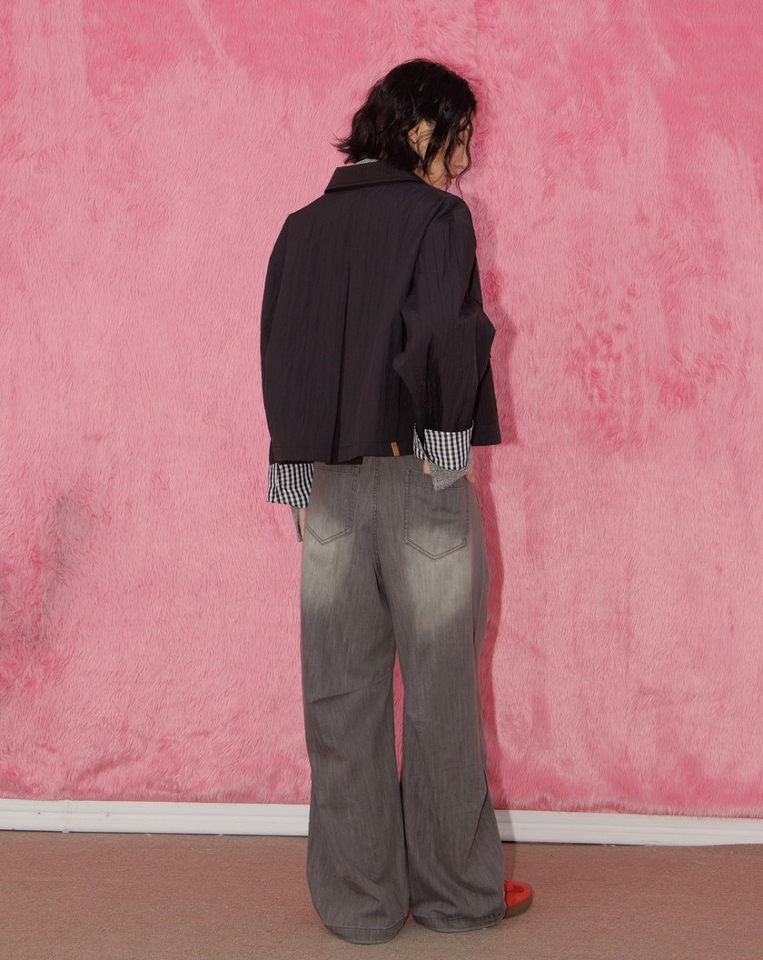 A｜立體打褶低腰水洗牛仔寬褲(兩色)