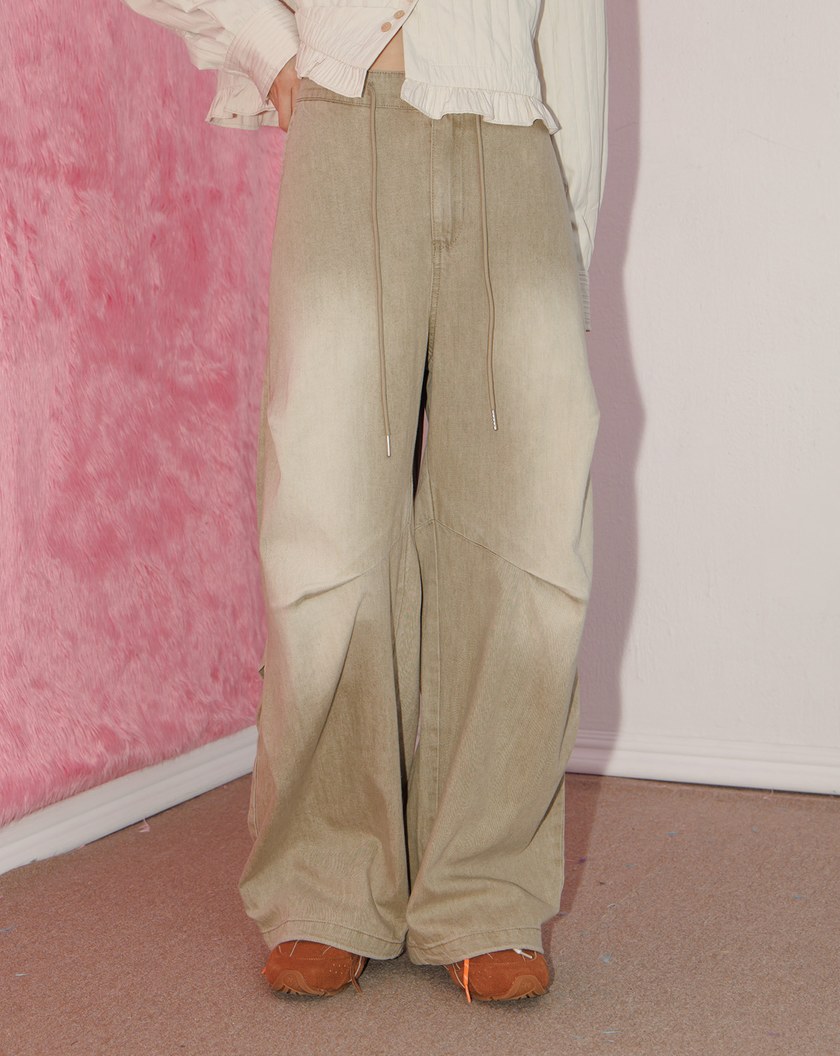 A｜立體打褶低腰水洗牛仔寬褲(兩色)