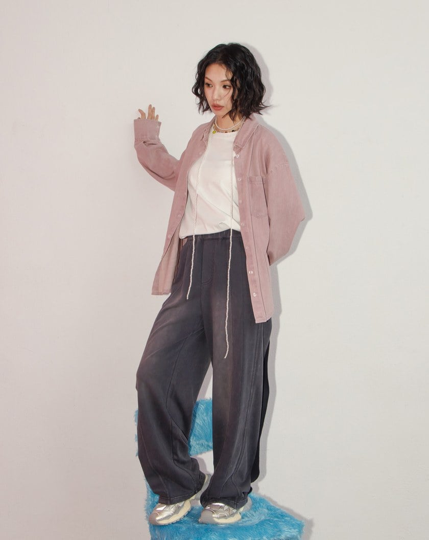 A｜水洗刷白微繭型寬褲