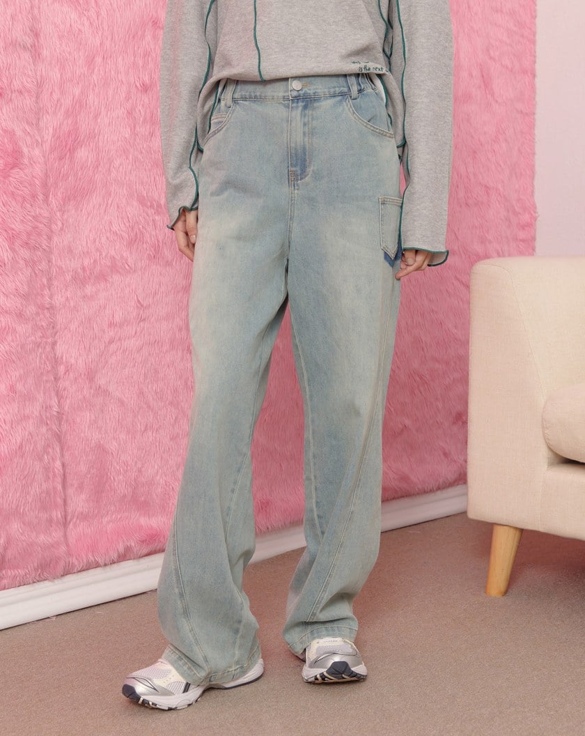 ➤好比例車線水洗彈性直筒牛仔褲