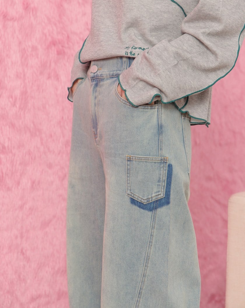 ➤好比例車線水洗彈性直筒牛仔褲