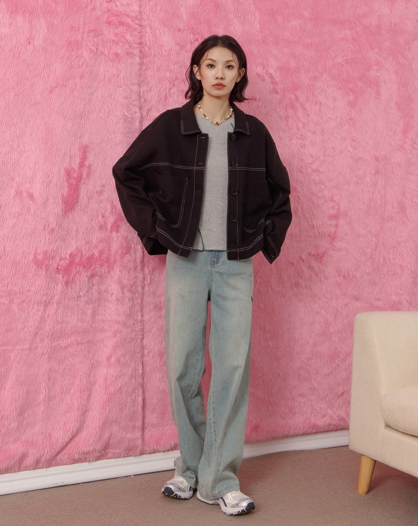 ➤好比例車線水洗彈性直筒牛仔褲