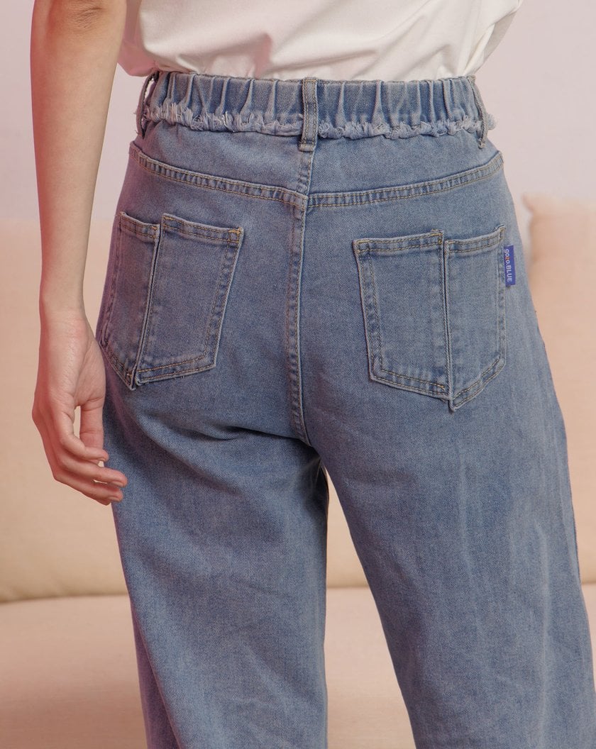 ➤斜剪接鬚邊腰頭牛仔褲