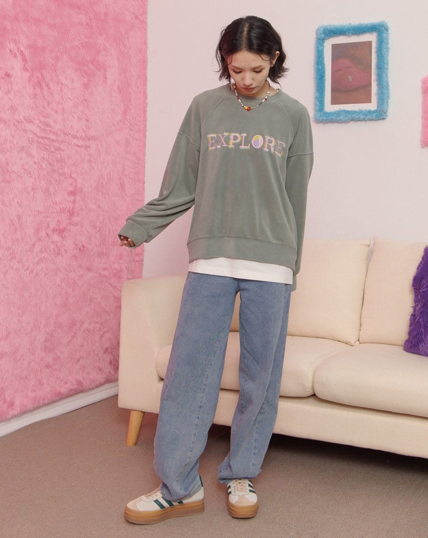 ➤斜剪接鬚邊腰頭牛仔褲