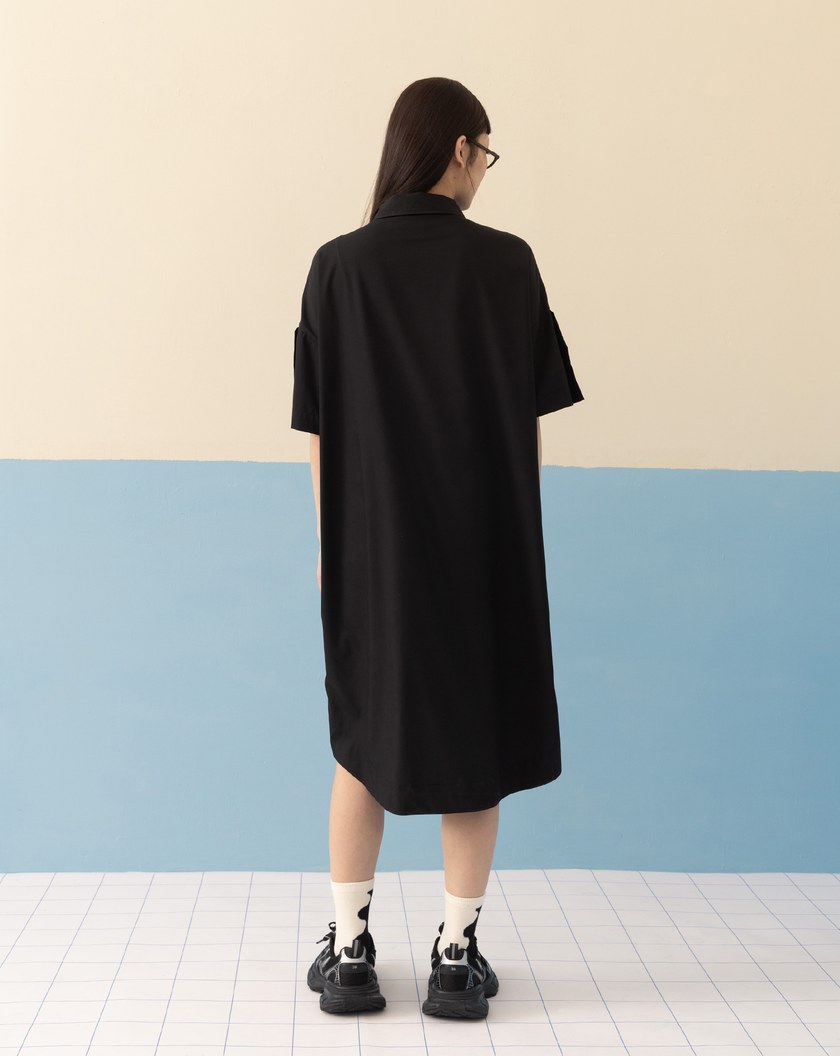 抗皺拼接開衩袖開襟洋裝