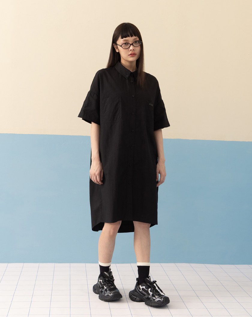 抗皺拼接開衩袖開襟洋裝