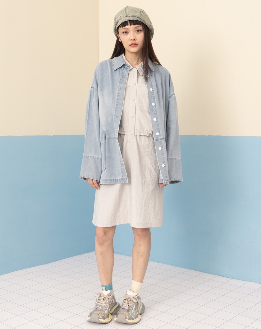 微皺感假兩件抽繩工裝風洋裝(兩色)