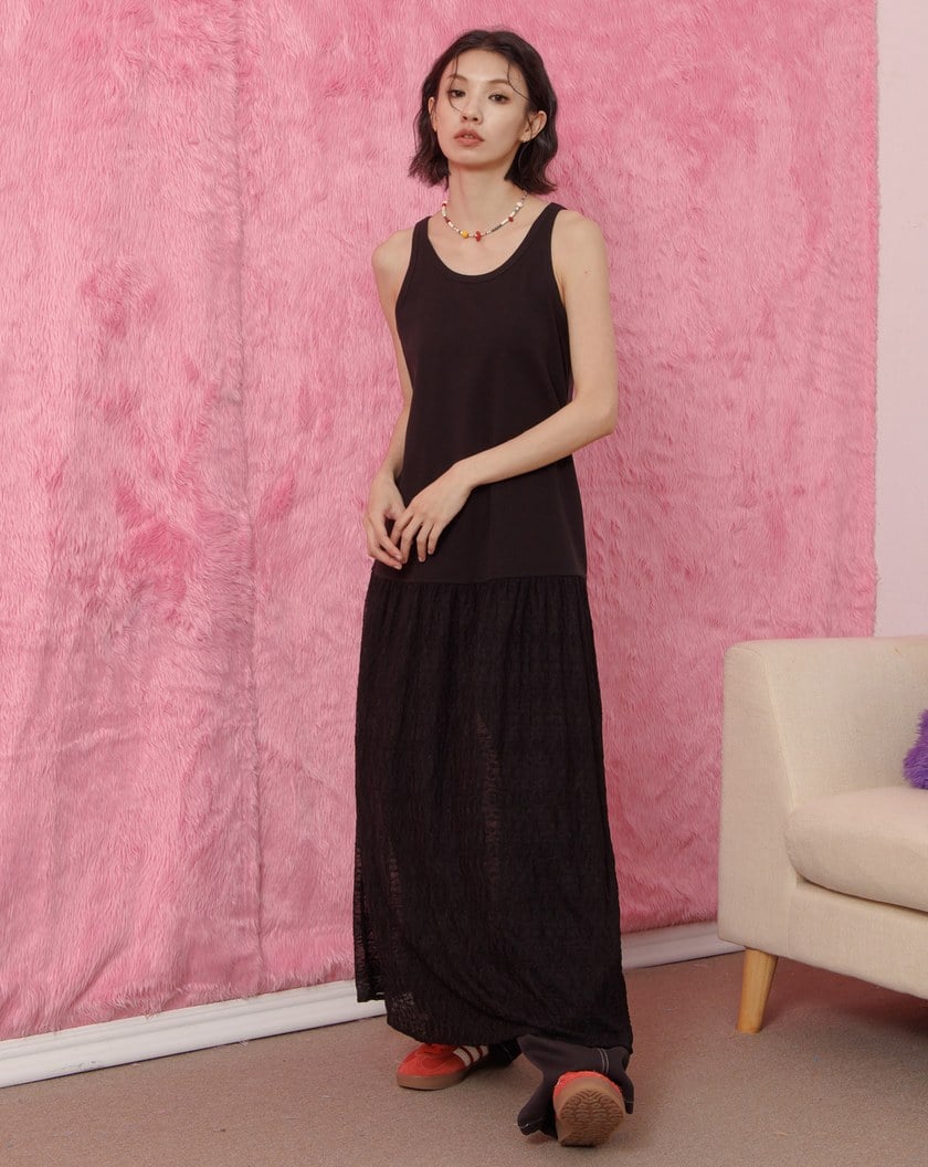 透膚蕾絲内搭背心洋裝(兩色)