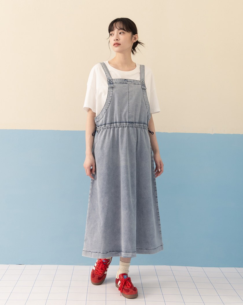 ➤水洗牛仔抽繩吊帶裙(兩色)
