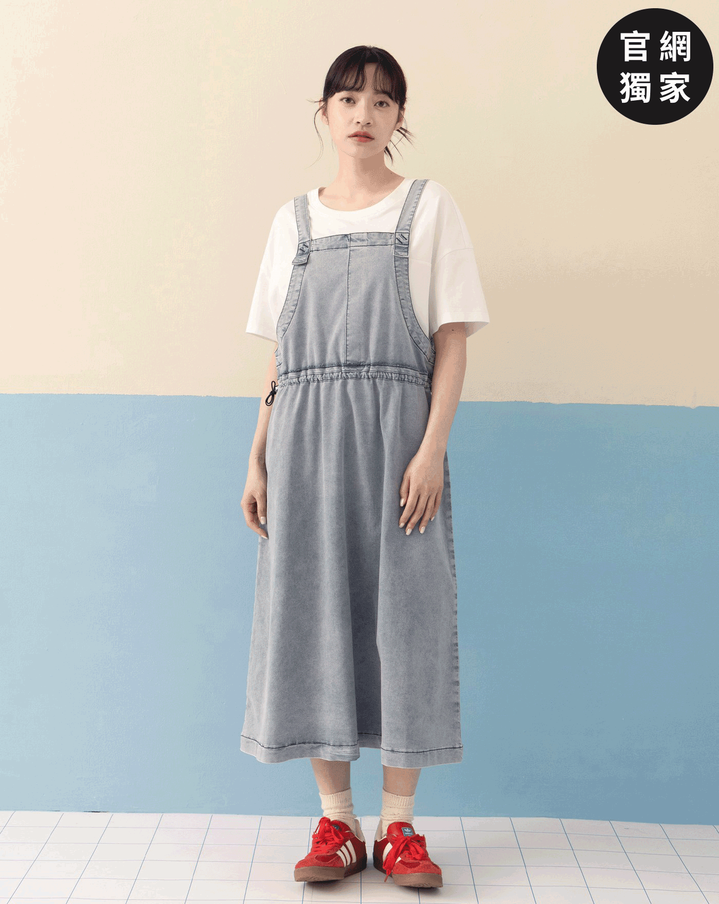 ➤水洗牛仔抽繩吊帶裙(兩色)